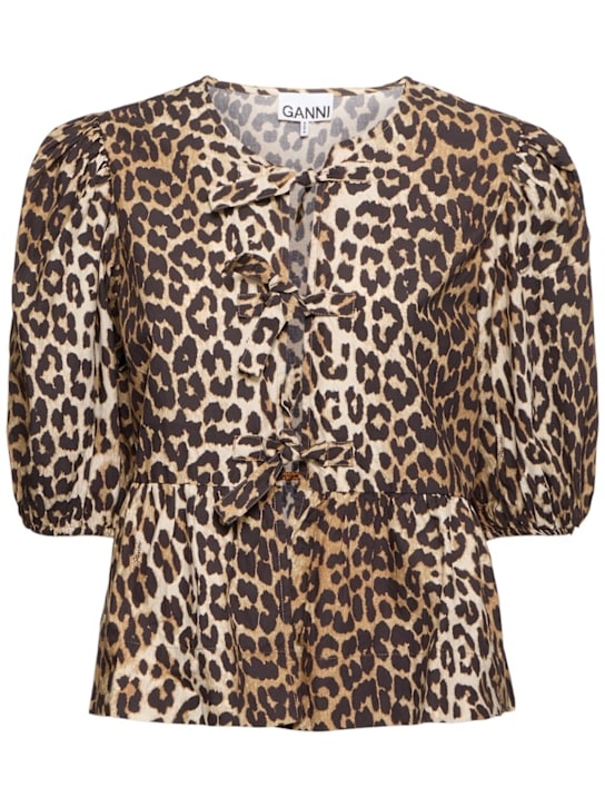 GANNI: Printed cotton poplin peplum shirt - Brown/Multi - women_0 | Luisa Via Roma
