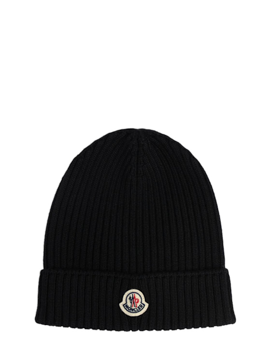 Moncler: Logo virgin wool beanie - Black - kids-boys_0 | Luisa Via Roma