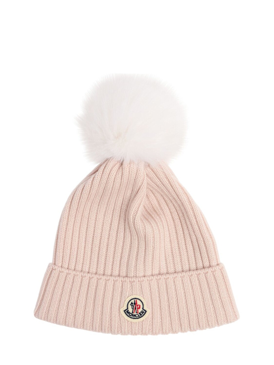 Moncler: Logo virgin wool pom pom beanie - Pink - kids-girls_0 | Luisa Via Roma