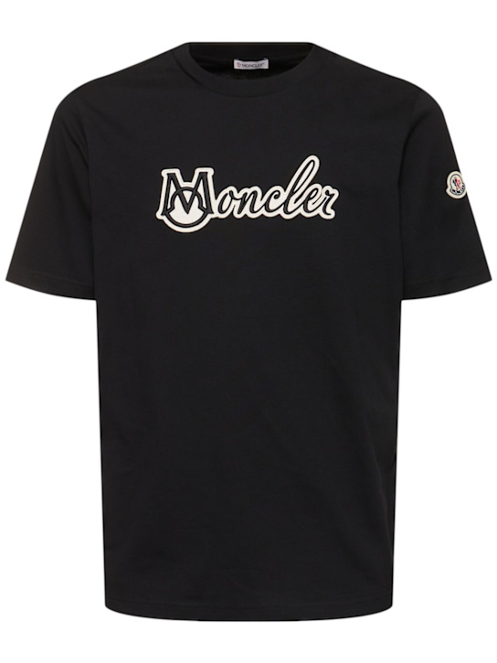 Moncler: Embroidered varsity logo cotton t-shirt - men_0 | Luisa Via Roma