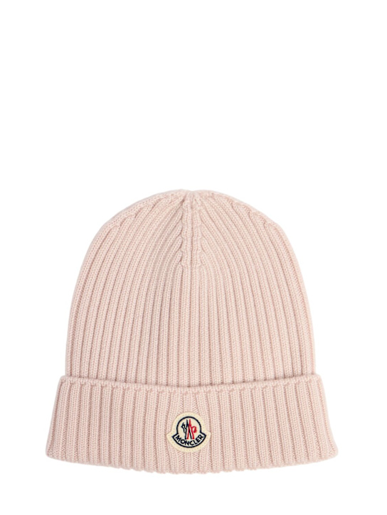 Moncler: Logo virgin wool beanie - Light Pink - kids-girls_0 | Luisa Via Roma