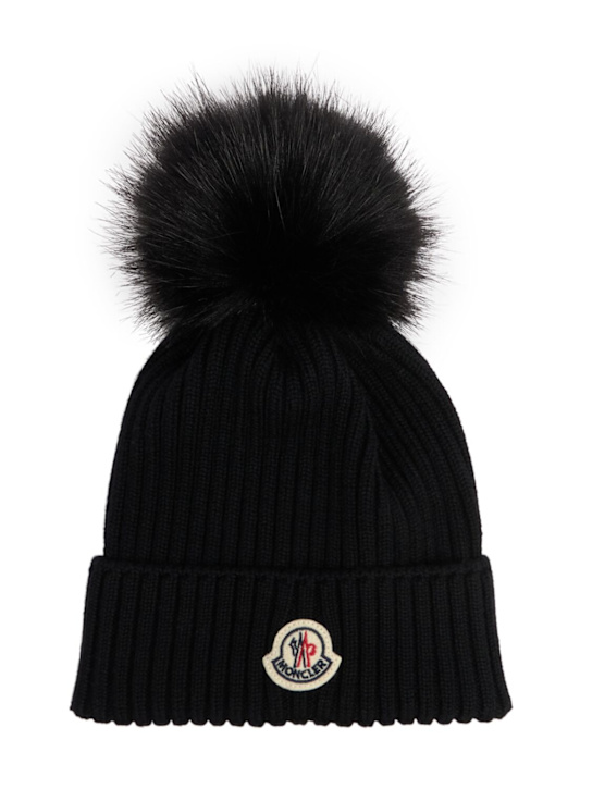 Moncler: Cappello beanie in lana vergine con logo e pom pom - kids-girls_0 | Luisa Via Roma