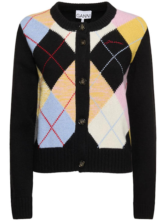 GANNI: Harlequin wool blend cardigan - Black/Multi - women_0 | Luisa Via Roma