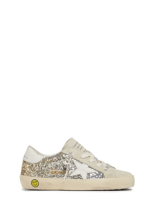 Golden Goose: Sneakers Super Star in camoscio glitter - Argento/Beige - kids-girls_0 | Luisa Via Roma