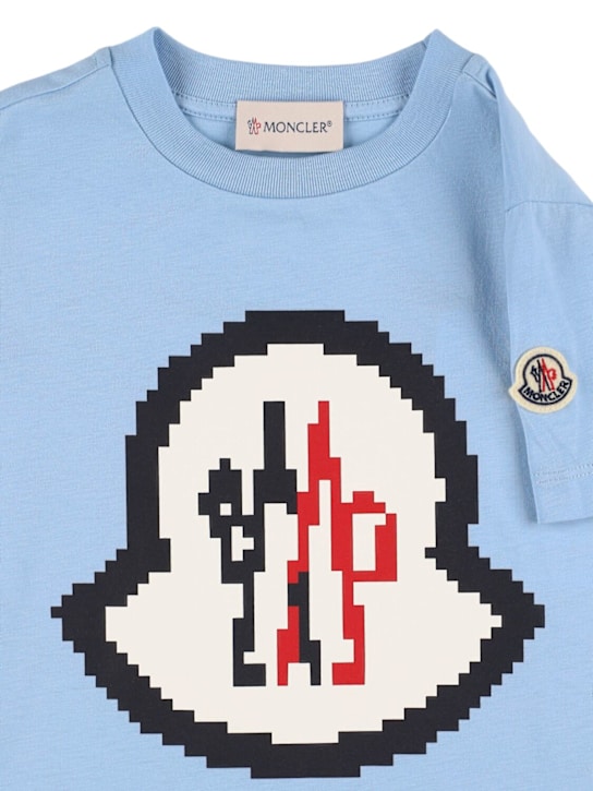 Moncler: Pixel logo cotton t-shirt - Light Blue - kids-boys_1 | Luisa Via Roma