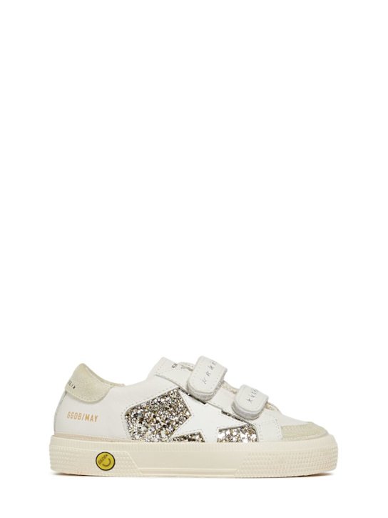Golden Goose: Sneakers May School in pelle con glitter - Bianco/Argento - kids-girls_0 | Luisa Via Roma