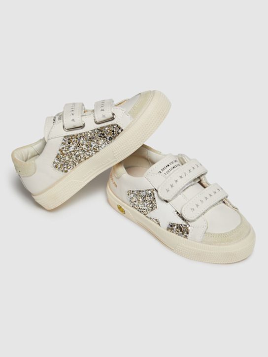 Golden Goose: Sneakers May School in pelle con glitter - Bianco/Argento - kids-girls_1 | Luisa Via Roma
