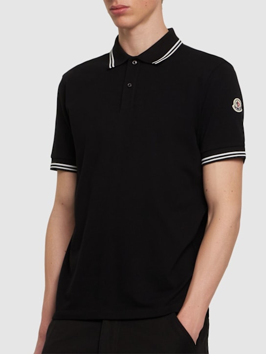 Moncler: Striped trim cotton piquet polo shirt - Black - men_2 | Luisa Via Roma
