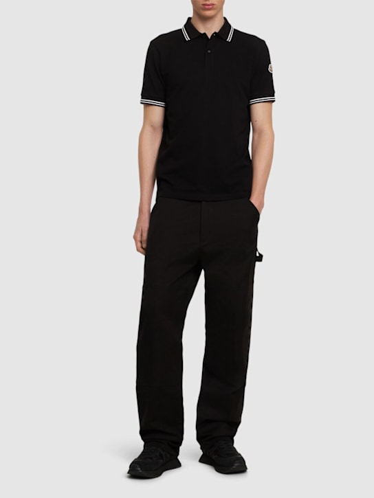 Moncler: Striped trim cotton piquet polo shirt - Black - men_1 | Luisa Via Roma