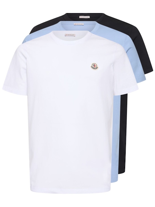 Moncler: Pack of 3 logo patch cotton t-shirts - Beyaz/Mavi - men_0 | Luisa Via Roma