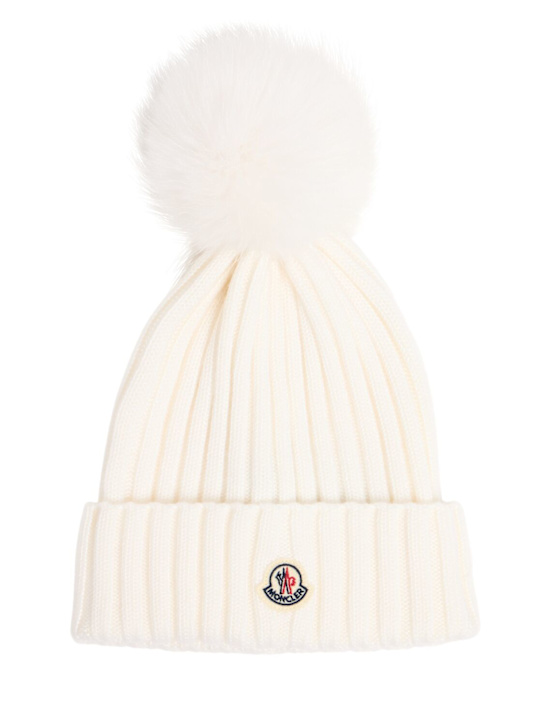 Moncler: Logo extrafine wool pom pom beanie - Silk White - women_0 | Luisa Via Roma