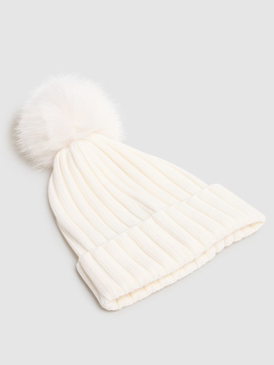 Moncler: Logo extrafine wool pom pom beanie - Silk White - women_3 | Luisa Via Roma