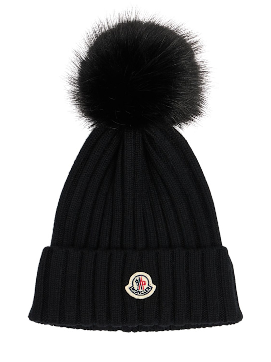 Moncler: Logo extrafine wool pom pom beanie - women_0 | Luisa Via Roma