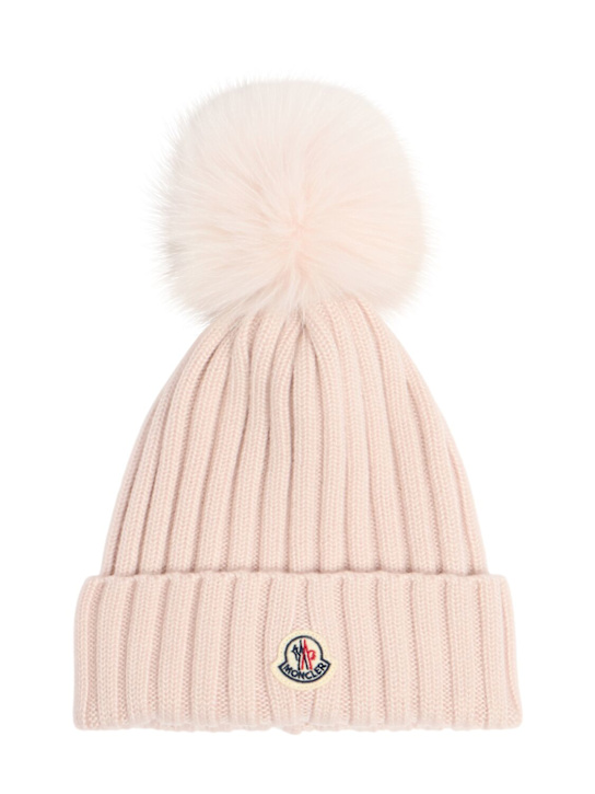 Moncler: Logo extrafine wool pom pom beanie - women_0 | Luisa Via Roma