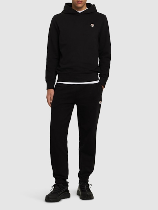 Moncler: Logo patch cotton hoodie - Black - men_1 | Luisa Via Roma