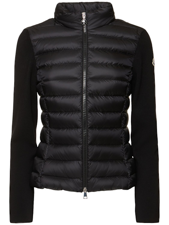 Moncler: Wool and nylon down zip-up cardigan - women_0 | Luisa Via Roma