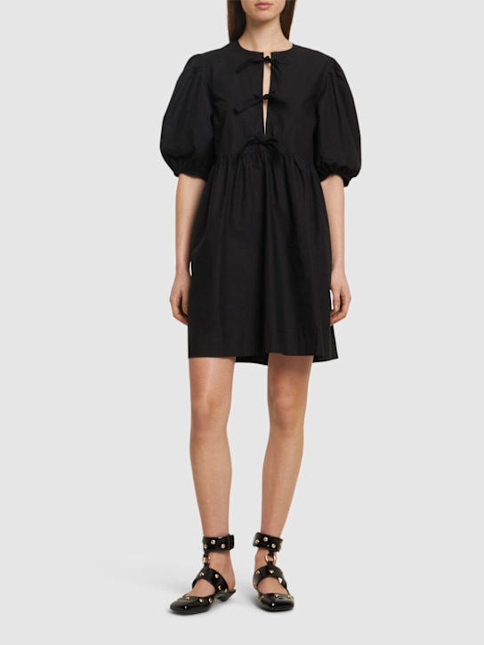 GANNI: Tie string cotton poplin mini dress - Black - women_1 | Luisa Via Roma
