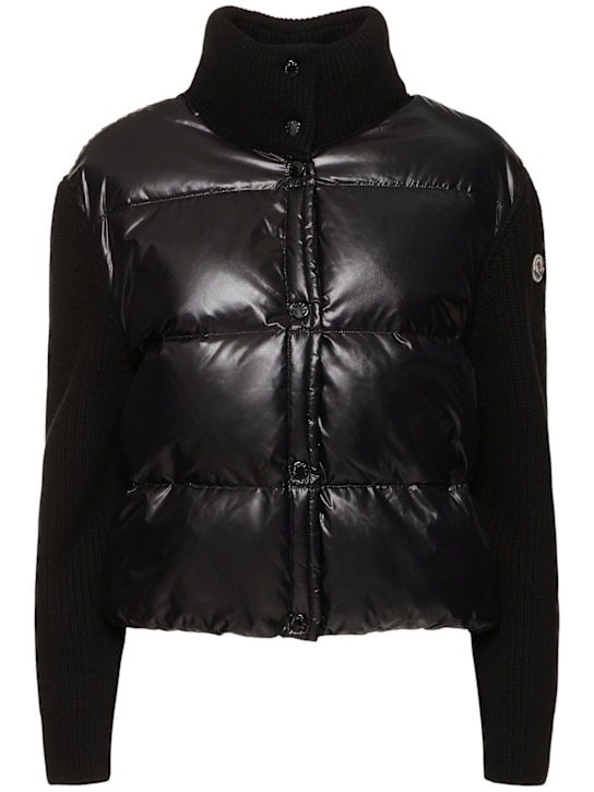 Moncler: Wool & nylon down cardigan jacket - women_0 | Luisa Via Roma