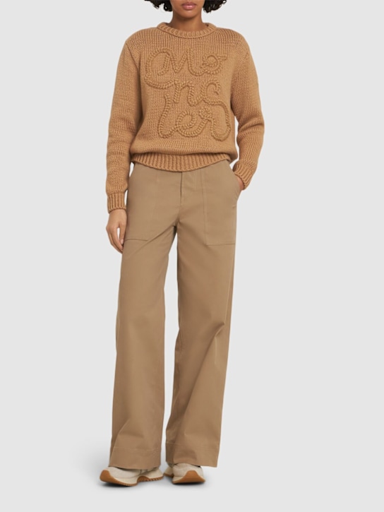 Moncler: Logo棉质圆领毛衣 - Beige Tan - women_1 | Luisa Via Roma