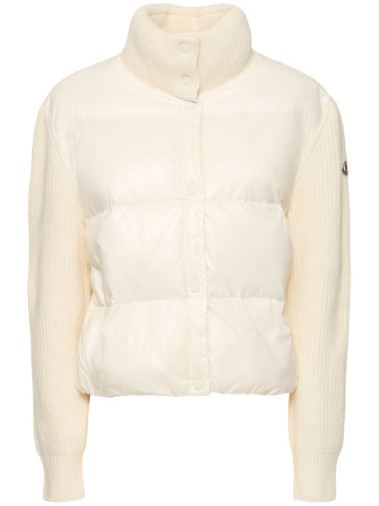 Moncler: Wool & nylon down cardigan jacket - women_0 | Luisa Via Roma