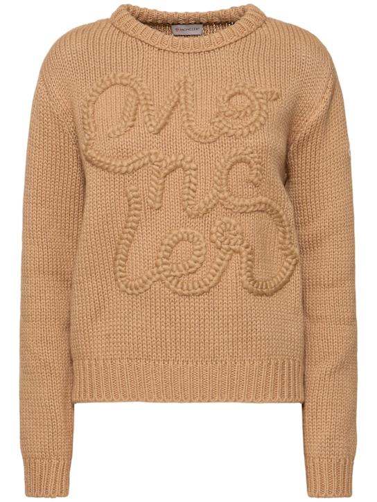 Moncler: Logo棉质圆领毛衣 - Beige Tan - women_0 | Luisa Via Roma
