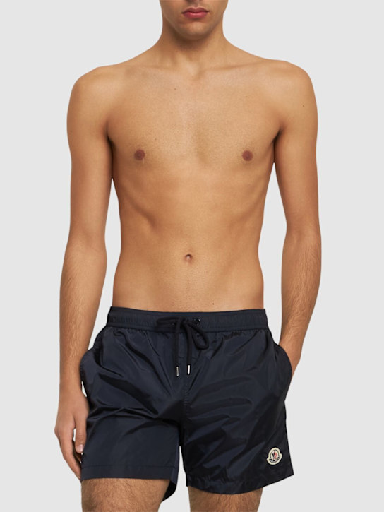 Moncler: Logo patch nylon swim shorts - Midnight Blue - men_1 | Luisa Via Roma