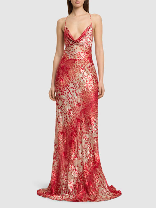 Roberto Cavalli: Cheetah Skin draped satin devoré dress - Red/Multi - women_1 | Luisa Via Roma