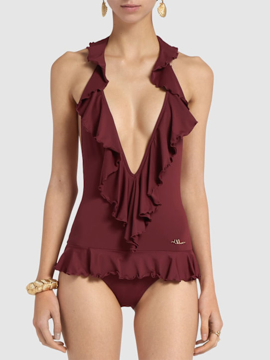 Chloé: Ruffled nylon one piece swimwear - Absolute Red - women_2 | Luisa Via Roma