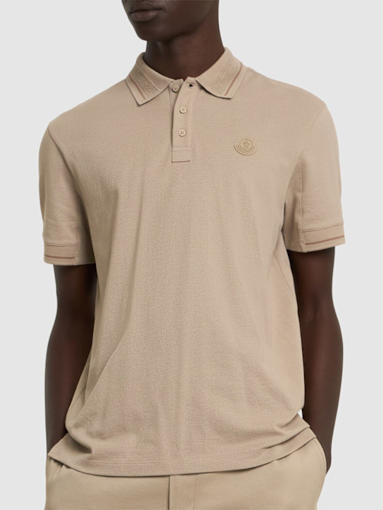 Moncler: Logo patch cotton polo shirt - Sand Beige - men_2 | Luisa Via Roma