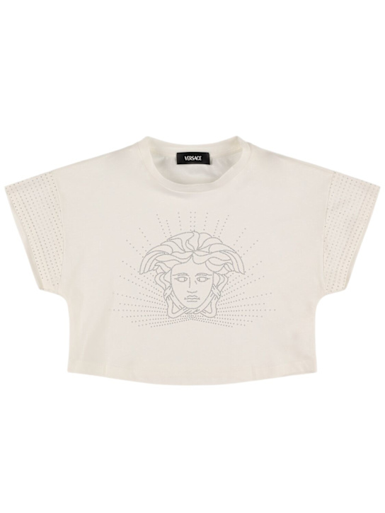 Versace: T-shirt in jersey di cotone stampato - Bianco - kids-girls_0 | Luisa Via Roma