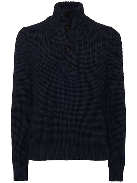 Tom Ford: Rib knit wool & cashmere sweater - Dark Blue - men_0 | Luisa Via Roma