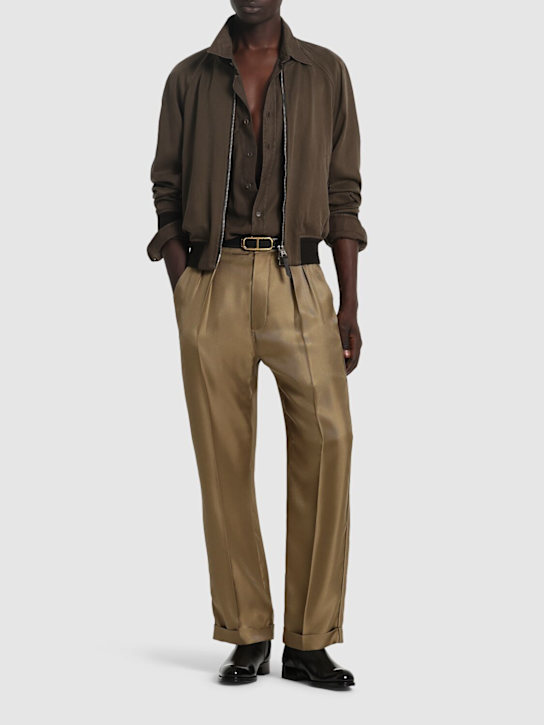 Tom Ford: シルクツイルラウンジパンツ - カーキ - men_1 | Luisa Via Roma