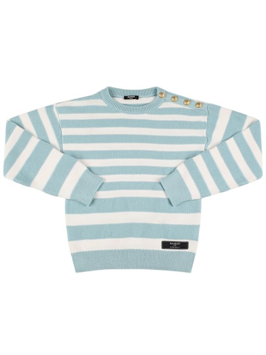 Balmain: Striped cotton knit sweater - White/Blue - kids-girls_0 | Luisa Via Roma