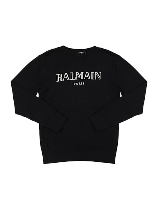 Balmain: Suéter de punto de algodón con logo - Negro/Blanco - kids-boys_0 | Luisa Via Roma