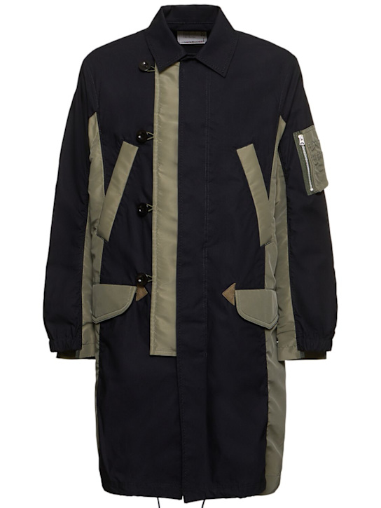 Sacai: Military cotton & nylon coat - Navy×khaki - men_0 | Luisa Via Roma