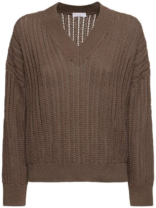 Brunello Cucinelli: Openwork cotton knit v-neck sweater - Brown - women_0 | Luisa Via Roma