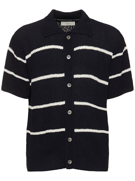 Dunst: Unisex stripe knit collared polo - Blue - men_0 | Luisa Via Roma