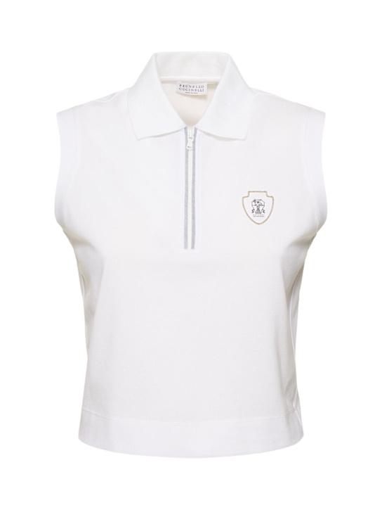 Brunello Cucinelli: Stretch cotton piquet polo top - women_0 | Luisa Via Roma