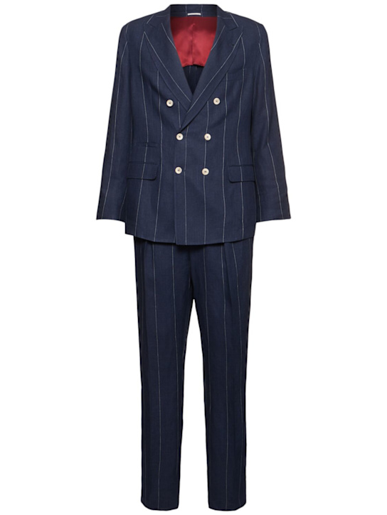 Brunello Cucinelli: Double breast linen suit - Navy - men_0 | Luisa Via Roma