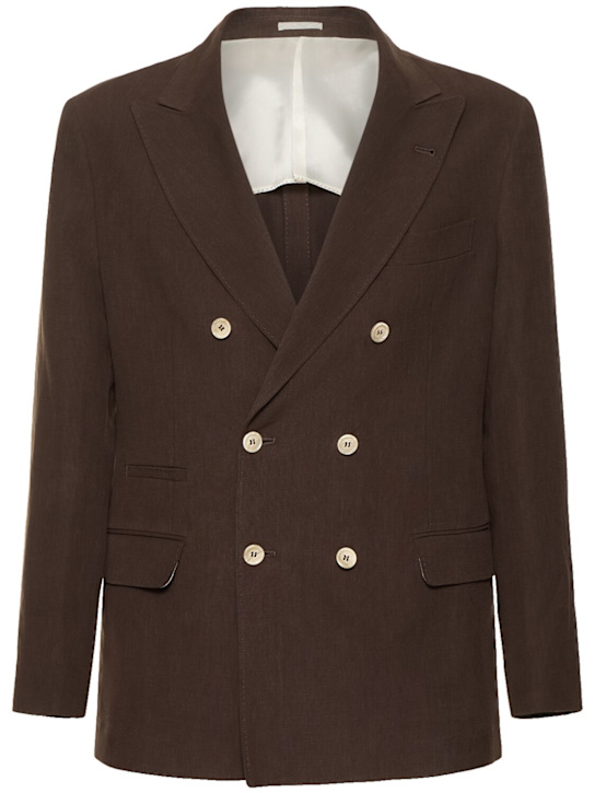 Brunello Cucinelli: Double breast linen blazer - Dark Brown - men_0 | Luisa Via Roma