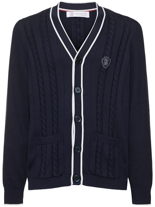 Brunello Cucinelli: Cotton knit tennis cardigan - Navy - men_0 | Luisa Via Roma