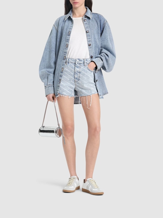 Alexander Wang: High waist flocked logo denim shorts - Light Blue - women_1 | Luisa Via Roma