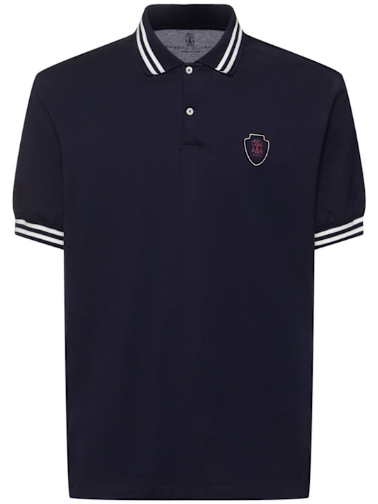 Brunello Cucinelli: Cotton jersey tennis polo - Blue - men_0 | Luisa Via Roma