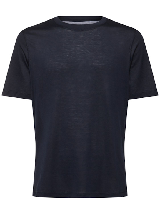 Brunello Cucinelli: T-shirt in seta e jersey di cotone - Navy - men_0 | Luisa Via Roma