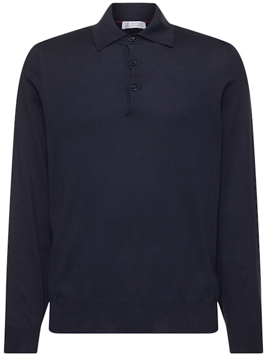 Brunello Cucinelli: Long sleeve cotton polo - Notte - men_0 | Luisa Via Roma