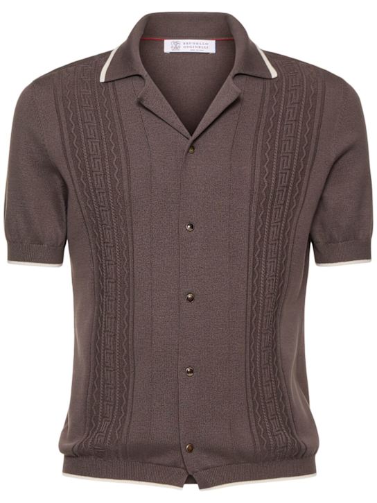Brunello Cucinelli: Button-up cotton shirt - Coffee - men_0 | Luisa Via Roma