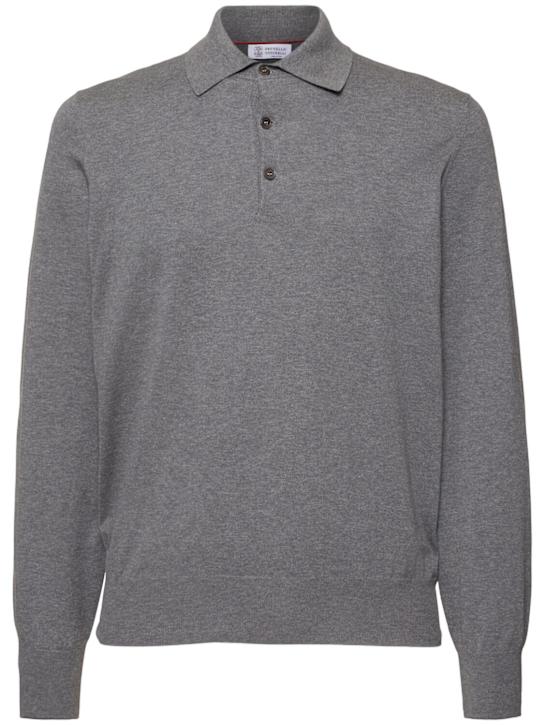 Brunello Cucinelli: 長袖コットンポロシャツ - Grigio Scuro - men_0 | Luisa Via Roma