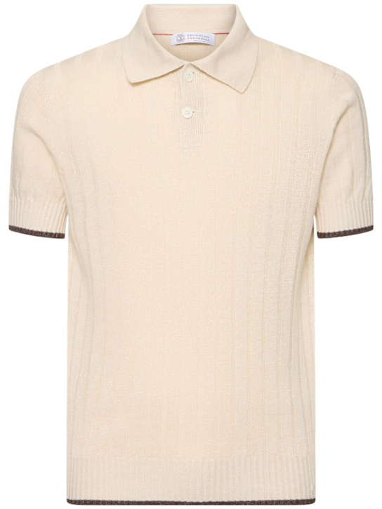 Brunello Cucinelli: Cotton & linen polo - Beige/White - men_0 | Luisa Via Roma