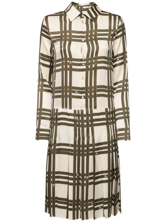 Burberry: Vestito chemisier in seta mulberry check plissé - Beige/Verde - women_0 | Luisa Via Roma