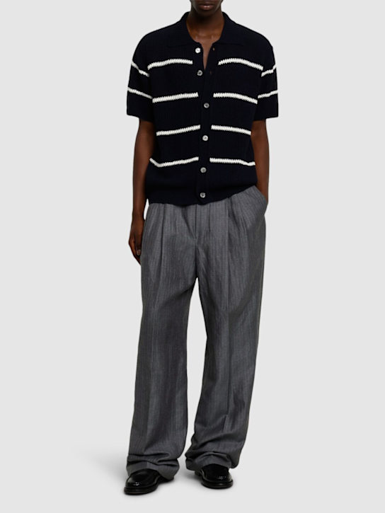 Dunst: Unisex stripe knit collared polo - Blue - men_1 | Luisa Via Roma